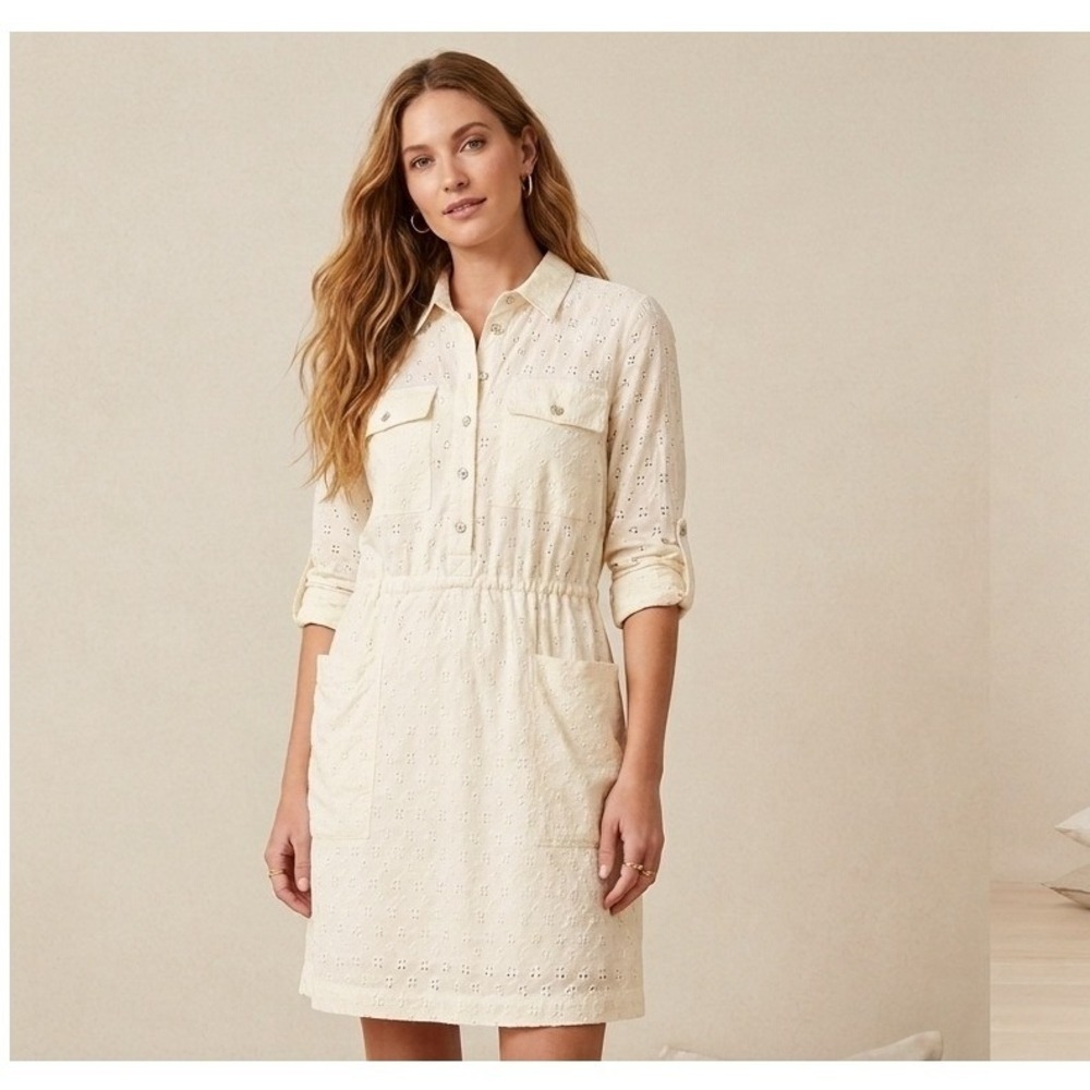 Wrap London Cotton Eyelet Shirt Dress Sz 8 Long Sleeve Day Dress Office Comfort